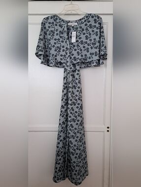 Mint Green Cape Maxi Dress with Navy Blue Floral Accents